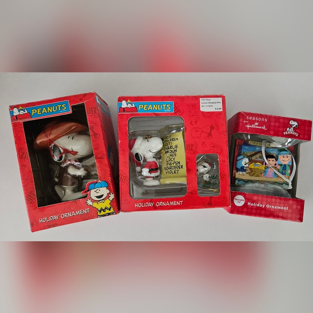 Set Of 3 Peanuts Holiday Ornaments Western Snoopy Santa Ski Snoopy Nativity